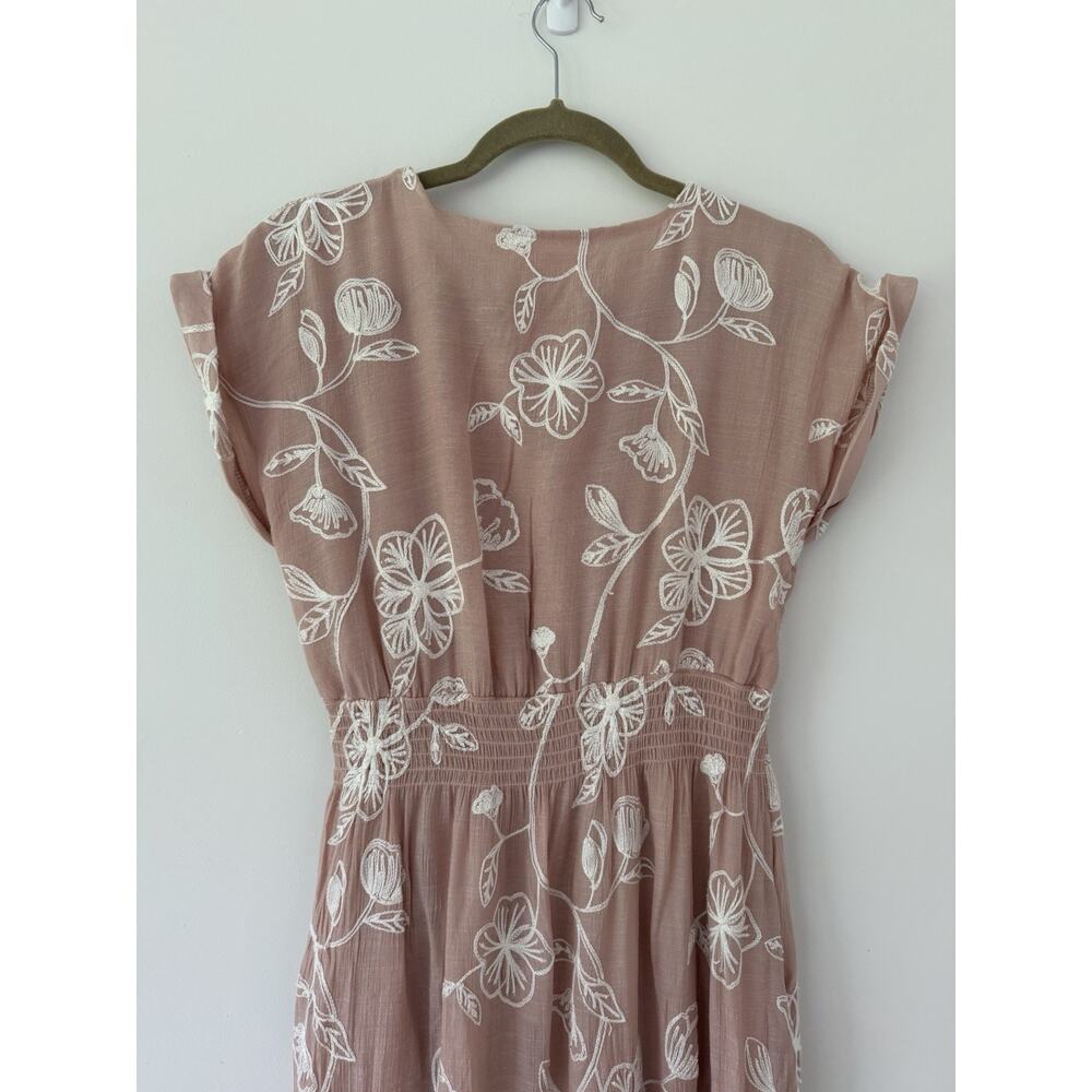 Kindred Embroidered Floral Midi Dress M Dusty Rose Zip Front Boho Cottagecore - Picture 8 of 9
